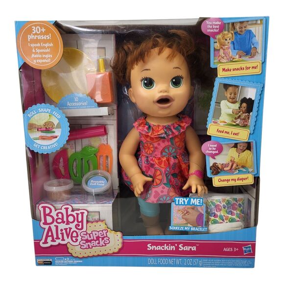 2016 Hasbro Baby Alive Super Snack Talking Snackin Sara Brunette Doll New Sealed - Picture 1 of 8